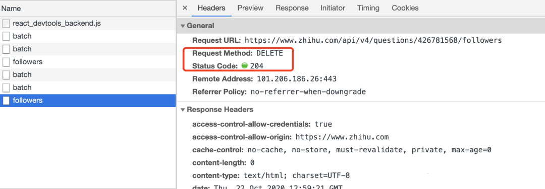知乎取消关注返回 204 状态
